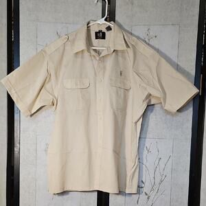 Cream Casual Button Down Shirt with Short Sleeves and Relaxed Fit